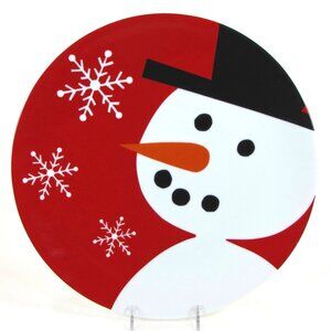 Crate & Barrel SNOWMAN 12" Platter Red Black Hat White Snowflakes Christmas